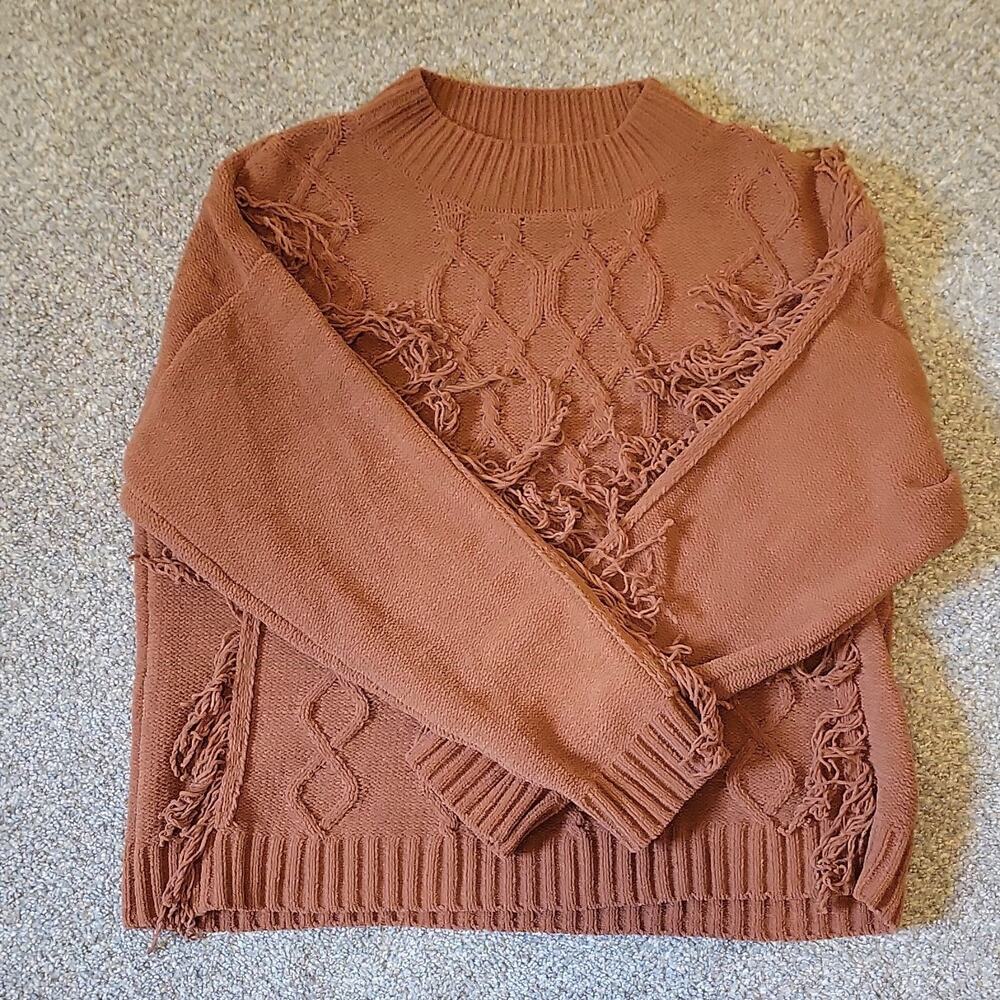 Fyve XL Cable-Knit Fringe Pullover Sweater 100% Polyester Brown Women's